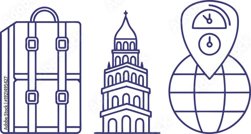 Travel Bags and Gear Artwork. Modern Travel Accessories Illustration.  Hiking and Travel Gear Design. Vacation Equipment Design Artwork. Backpack and Luggage Illustration. Travel Essentials