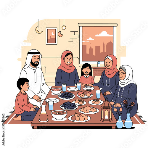 A Muslim family gathering for iftar meal.