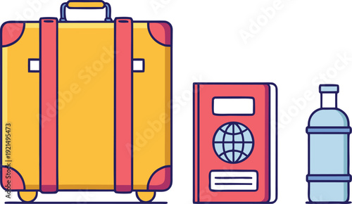 Travel Bags and Gear Artwork. Modern Travel Accessories Illustration.  Hiking and Travel Gear Design. Vacation Equipment Design Artwork. Backpack and Luggage Illustration. Travel Essentials