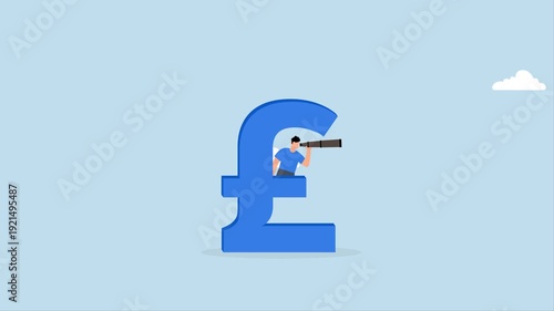 United Kingdom economy forecast, 4k animation of Businessman concealing himself behind large British pound bill while using binoculars to foresee the future
