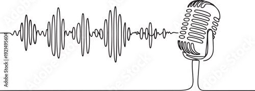 Vintage engraved microphone and sound wave for podcast and broadcast design