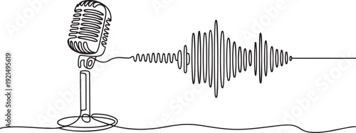 Continuous line drawing of podcast microphone and sound wave