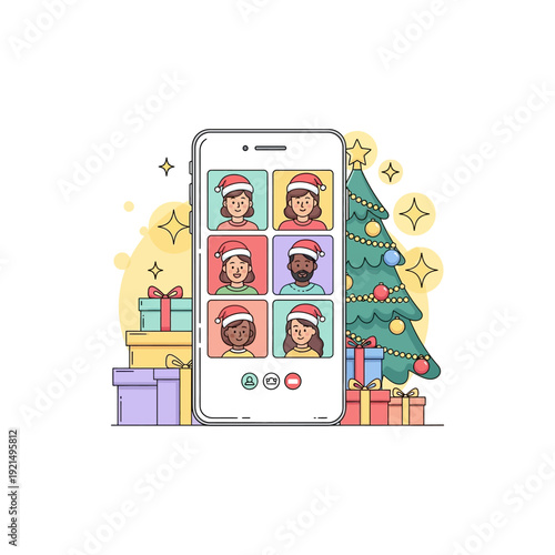 People celebrating Christmas virtually on a video call with gifts and a decorated tree.