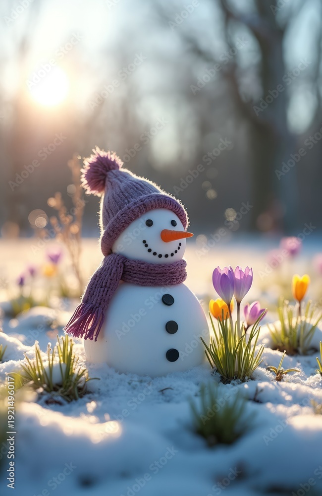 Obraz premium Cute snowman with hat and scarf sits in melting snow surrounded by crocuses. Early spring sun shines bright, signifying winter is ending and new life begins. Nature awakens.