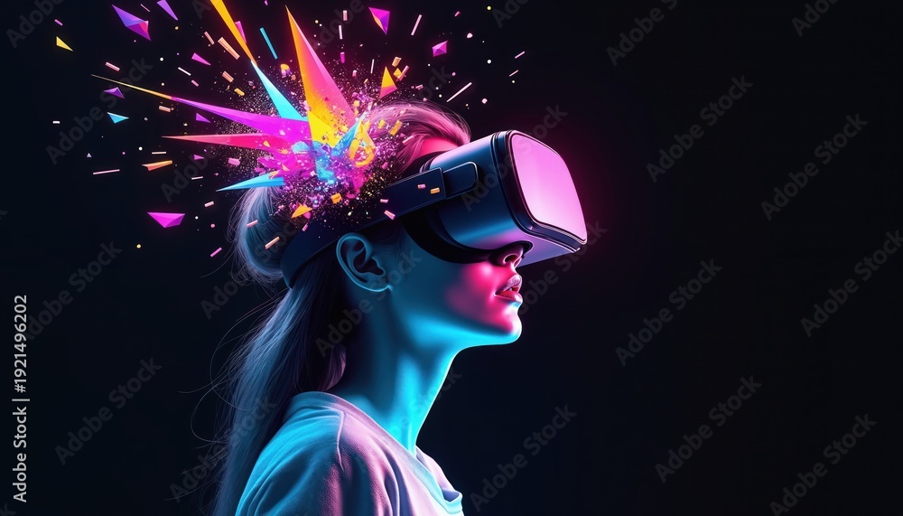 Fototapeta premium Woman uses virtual reality headset. Abstract geometric shapes explode from head. Digital experience, creative future, virtual world immersion, cyber tech.