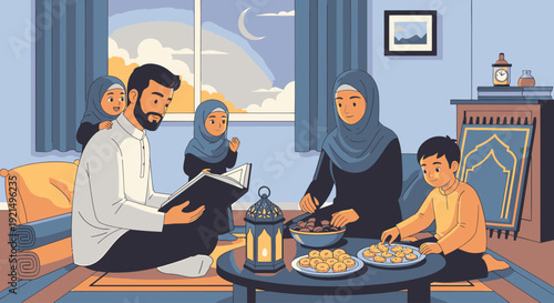 A Muslim family breaking their fast together.