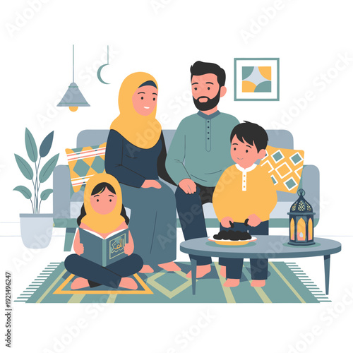 Muslim family reading together at home.