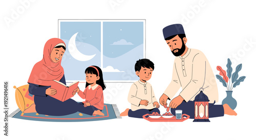 Muslim family breaking fast together at home.