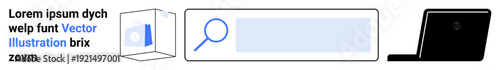 Online research, technology concepts, website development, user interface, data access, and digital workspace. A magnifying glass in a search bar, laptop and a cube outline. Online research