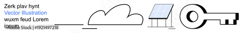 Data storage, online security, renewable energy, cloud technology, sustainability, key access. Minimalistic cloud, solar panel and key icons. Data storage and online security visualization