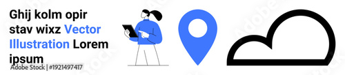 Navigation, technology, location tracking, cloud storage, mobile devices, remote work. Woman with a tablet, map pin and cloud icon. Navigation and technology concepts visually