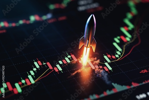 A rocket blasts upwards through a complex stock market chart, creating a fiery trail.