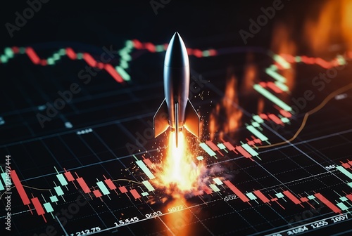 A rocket blasts upwards through a stock market chart, creating fiery trails.