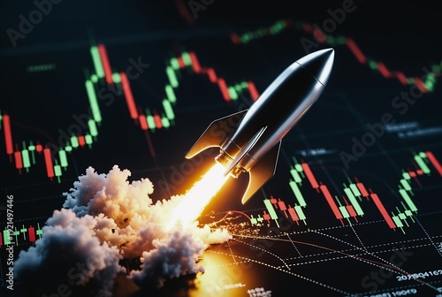 A rocket blasts upward, leaving a fiery trail over a fluctuating stock market chart.
