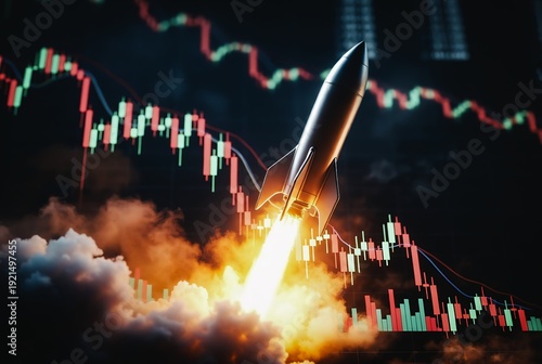 A rocket blasts upward, overlaid with a volatile stock market chart. Flames and smoke fill the foreground.