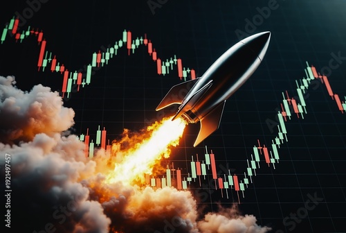 A rocket blasts upward, propelled by flames, against a rising stock market chart.