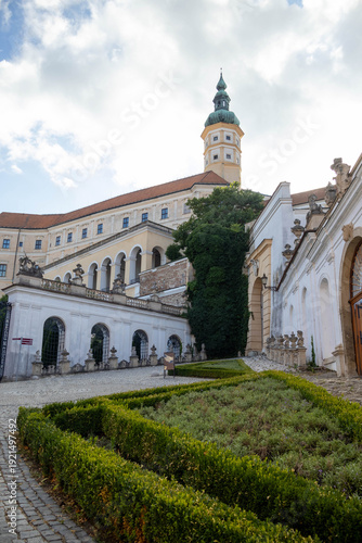Historical Mikulov Castle Architecture with Baroque Tower and Formal Garden in South Moravia