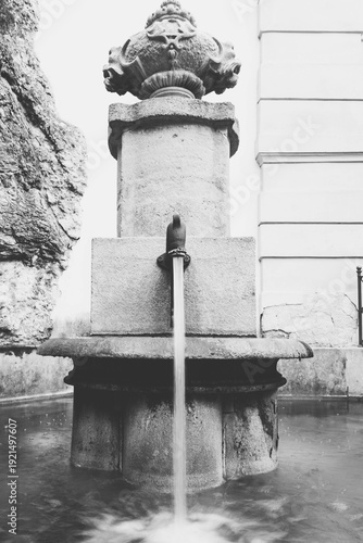 Black and White Long Exposure of a Classic Stone Fountain with Flowing Water and Ornate Carvings