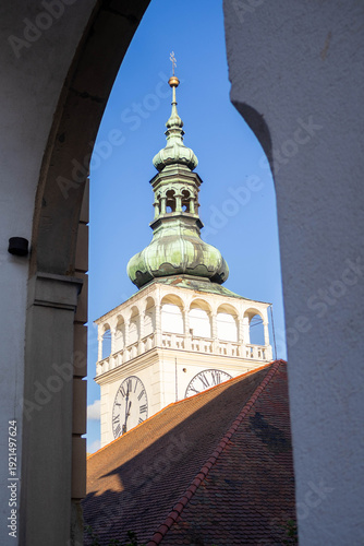 Historic Mikulov Castle Architecture with Baroque Tower and Formal Boxwood Garden in South Moravia