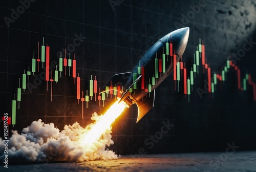 A rocket blasts upwards through a stock chart, creating a dramatic explosion. It symbolizes rapid growth.