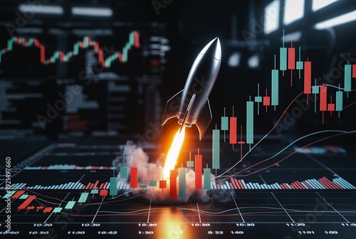 A rocket blasts through a stock chart, symbolizing market growth. It’s a dynamic, energetic scene.