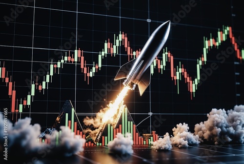 A rocket launches from a stock chart, creating a dramatic, upward surge of data and smoke.