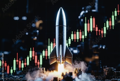 A rocket launches, ascending amidst a rising stock chart, symbolizing growth and investment.
