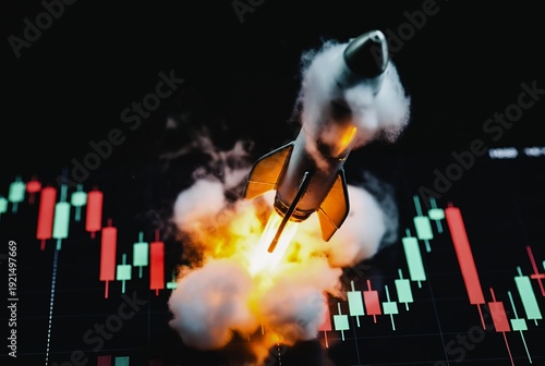A rocket blasts upwards through a stock chart, creating a dramatic explosion. It’s a powerful, energetic image.