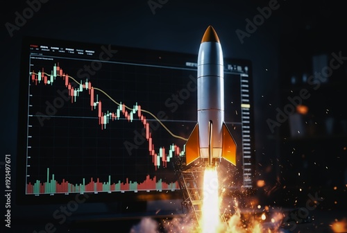 A rocket launches from a monitor displaying a falling stock chart, creating a dramatic, explosive visual.