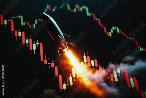 A rocket blasts upward through a volatile stock chart, creating a fiery explosion.