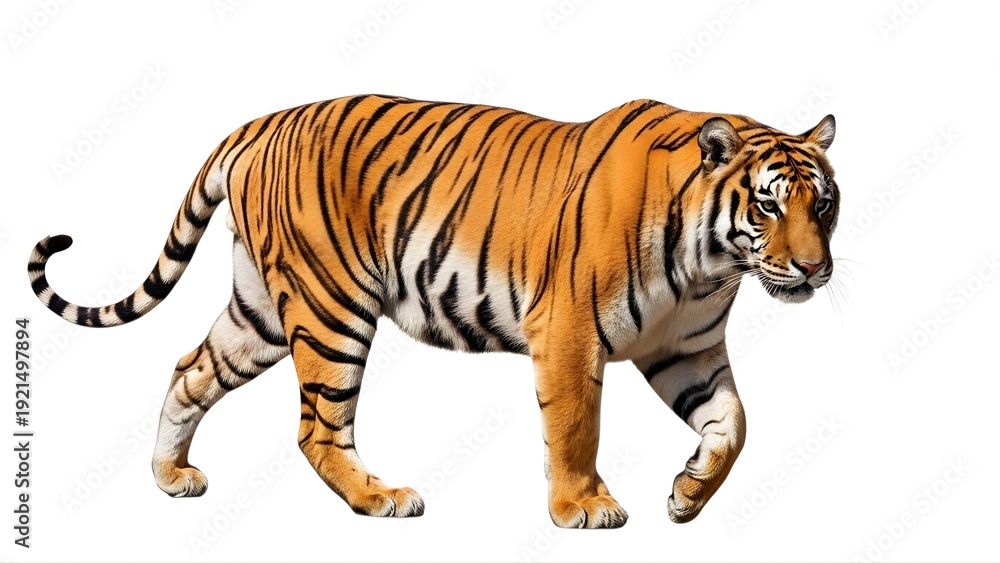 Obraz premium A tiger walking on a transparent background with a focused gaze