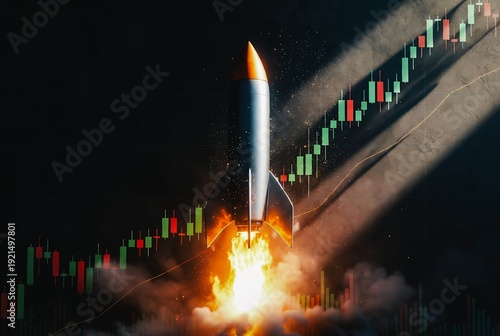 A rocket blasts upward, illuminating a rising stock chart against a dark sky.