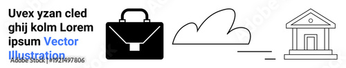 Financial transactions, cloud storage, online banking, corporate services, fintech, and business organization. A briefcase, a cloud and a bank building icon. Financial transactions and cloud storage