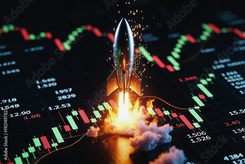 A rocket launches through a stock chart, creating a fiery explosion. Green and red lines illustrate market fluctuations.
