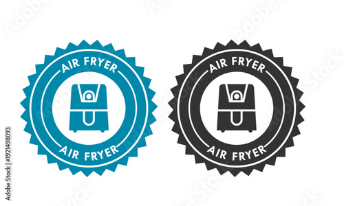 Blue and black air fryer badge icon in vector style. Circular stamp design representing healthy oil-free cooking and modern kitchen electric appliances for domestic food preparation.