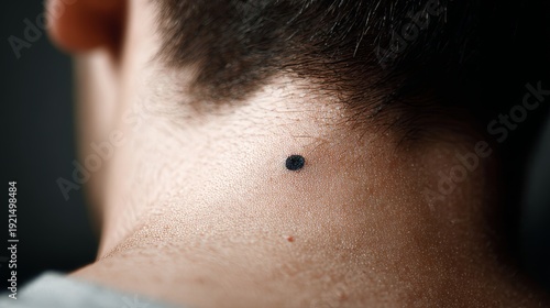 Close up detail of black mole on neck skin, nevus dermatology concept showing pigmentation, texture and human epidermis surface, medical healthcare screening and skin condition awareness