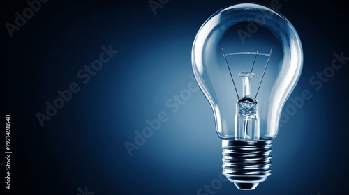 Close-up of a glowing light bulb on deep blue background representing innovation, technology, creative ideas, energy efficiency, and modern concept for business, science, and digital design projects