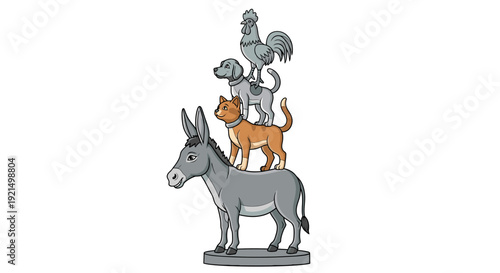 A grey donkey stands calmly with a brown dog and a rooster perched on its back in a cartoon illustration from a side-view perspective