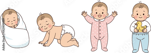 Baby Growth Stages Vector Illustration with Newborn Swaddle, Crawling Infant, Standing Toddler, and Child Holding Toy for Parenting and Child Development Designs