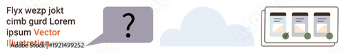 Digital communication, interface design, questions and doubts, cloud technology, app interfaces, online solutions. Question mark in a speech bubble, floating cloud app screens showcased. Digital