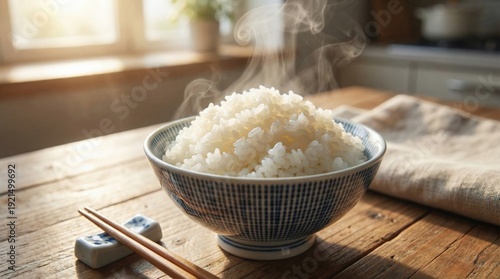 Freshly cooked white rice with steam/湯気が立ち上る炊き立ての白米