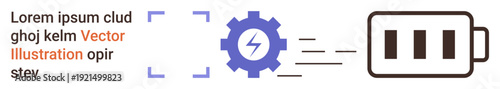 Renewable energy, power optimization, charging technology, energy management, clean engineering design. Gear symbol with lightning bolt transferring energy to a battery. Renewable energy
