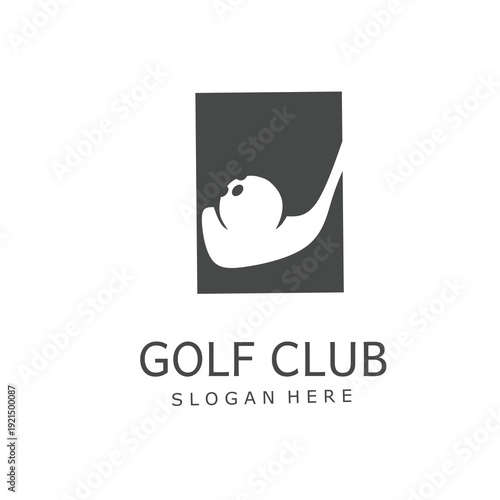 Minimalist vector logo featuring a golf club and ball integrated within a rectangular frame using negative space. Professional design for country clubs, sports branding, and golf tournaments