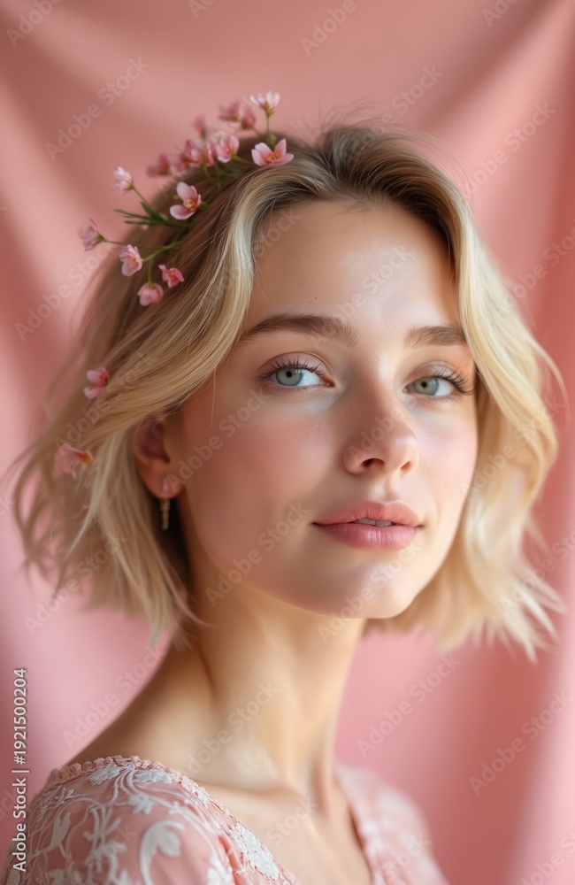 Naklejka premium Young blonde woman with short hair wears pink dress. Small pink flowers in her hair and on her ear. Gentle soft light, pastel colors. Looks with blue eyes forward, subtle smile. Feminine beauty mood.