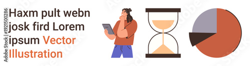 Business planning, decision-making, time management, data analysis, workflow optimization, productivity. Person holding tablet, hourglass pie chart. Time management and data analysis concept