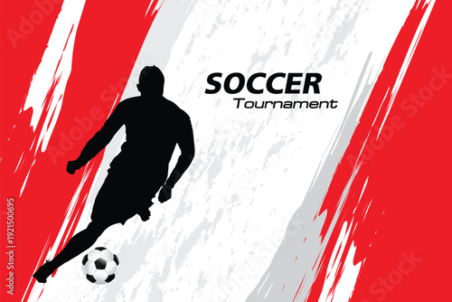 Soccer tournament poster with black player silhouette kicking ball on red and white abstract background. Dynamic sport banner design with bold typography.