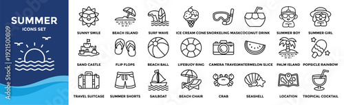 Summer icon set collection. Containing Beach Island, Snorkeling Mask, Sand Castle, Palm Island, Beach Chair