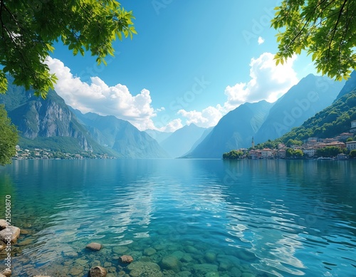 Bright sunlit Italian lake reflects blue sky and white clouds. Tall green mountains rise around the clear water. Lakeside town with terracotta roofs sits on hill.
