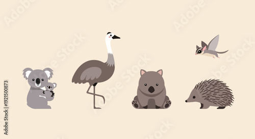 Cute Australian Animals Vector Illustration Set in Minimalist Flat Design