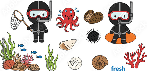 Cute Scuba Diver Cartoon Set with Underwater Sea Animals, Coral Reefs, Octopus, Fish, and Marine Elements for Kids Illustration and Ocean Themed Designs